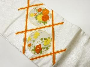 金駒刺繍格子に菊・椿・紅葉模様名古屋帯